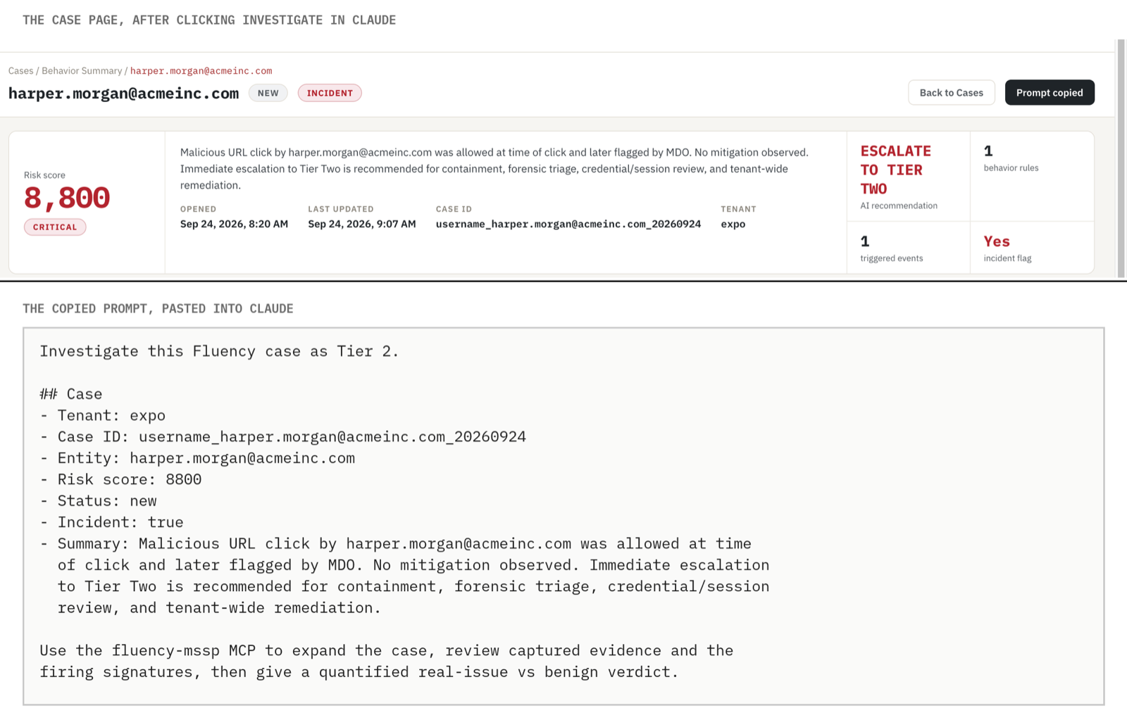 A Fluency case page after clicking Investigate in Claude, and the Tier 2 prompt it copies into Claude