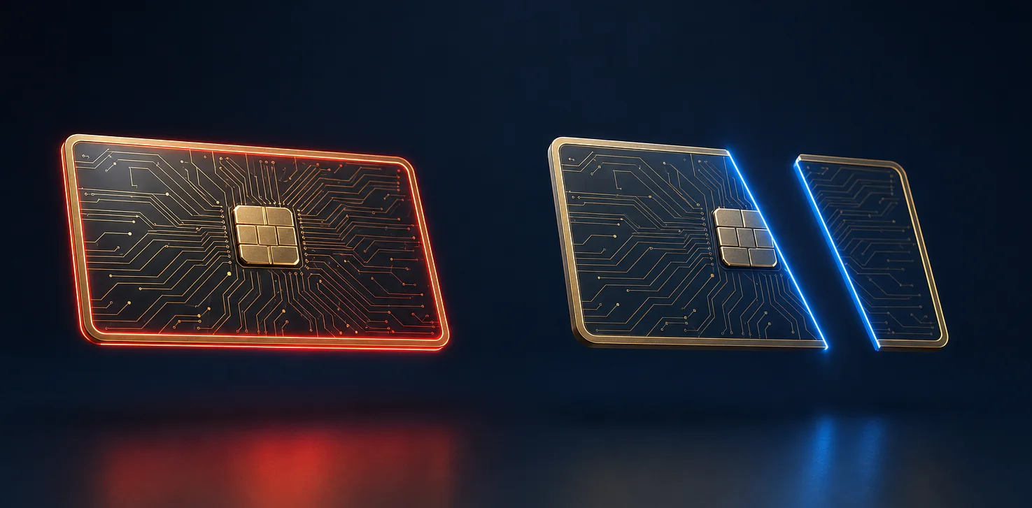 Two session key cards. Left, other companies: the stolen card is intact and still live, glowing red. Right, Fluency: the same card is cut cleanly in two by a blue line of light and has gone dark.