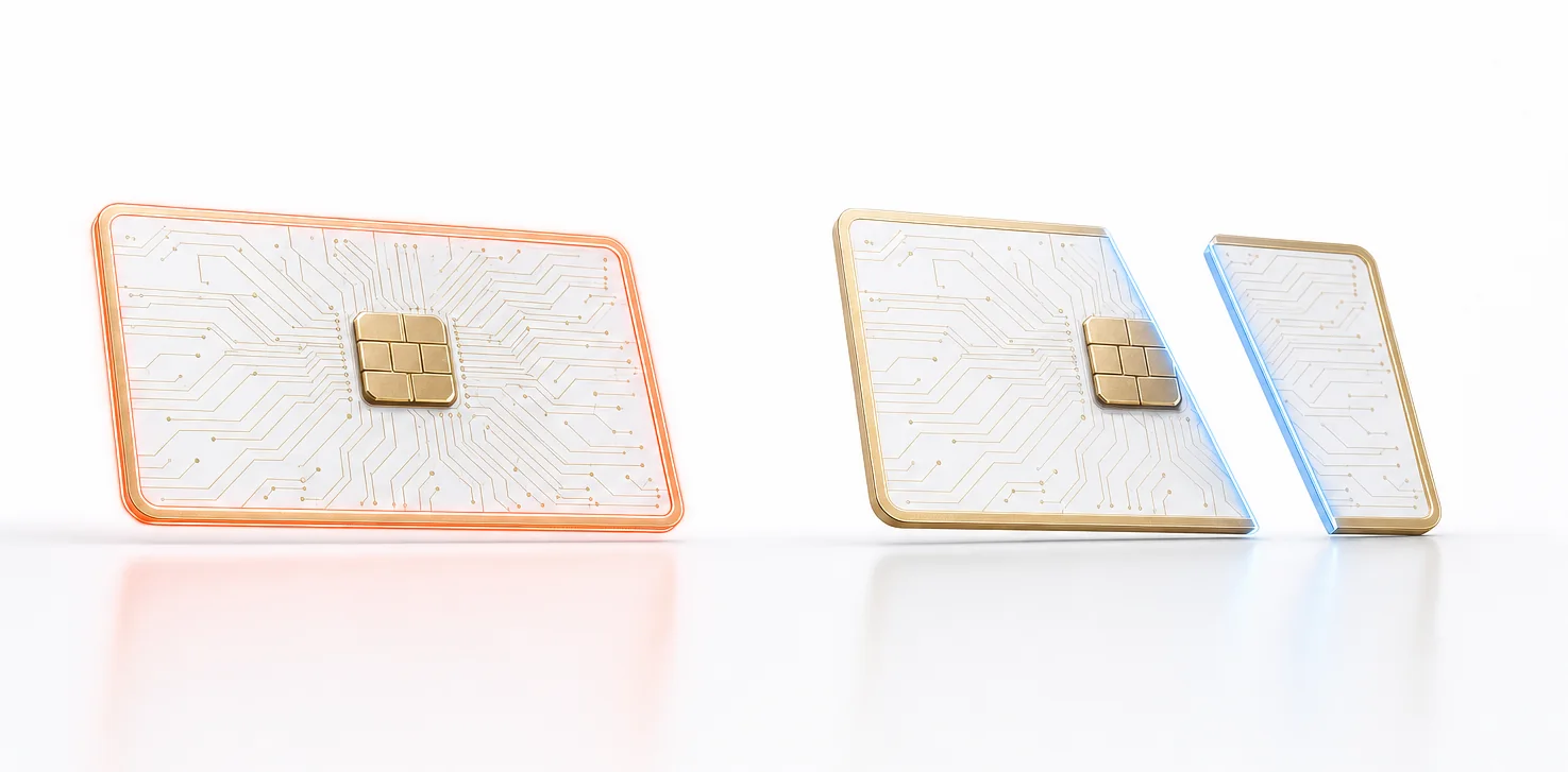 Two session key cards. Left, other companies: the stolen card is intact and still live, glowing red. Right, Fluency: the same card is cut cleanly in two by a blue line of light and has gone dark.