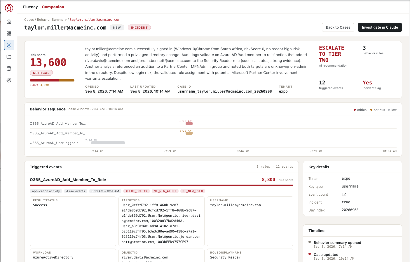 Fluency Companion case detail showing twelve correlated events, three behavior rules, and an escalation recommendation in the Expo demonstration tenant